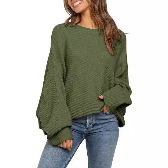 Round Neck Solid Color Loose Sweater Top Leisure Pullover