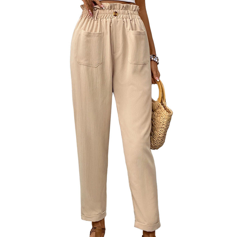 Women's Pants Pocket Elastic Waist Apricot