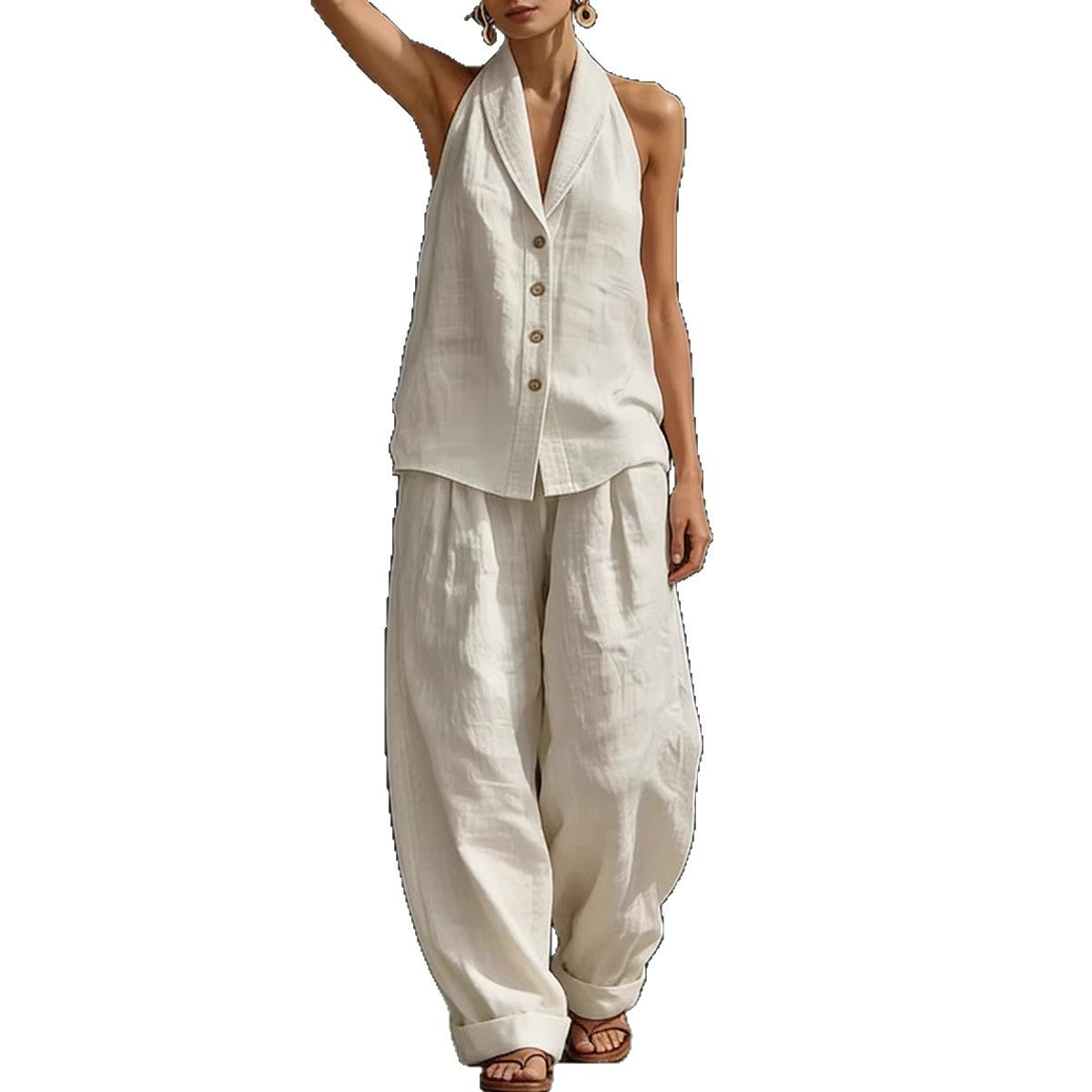 Wide-leg Pants Suit Womens Cotton-linen Fashionable Two-piece Set