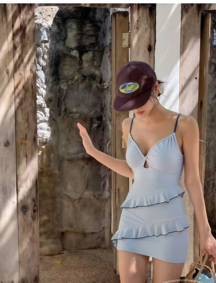 Korean Creamy-Style Conservative Ruffle Cake Dress For Women