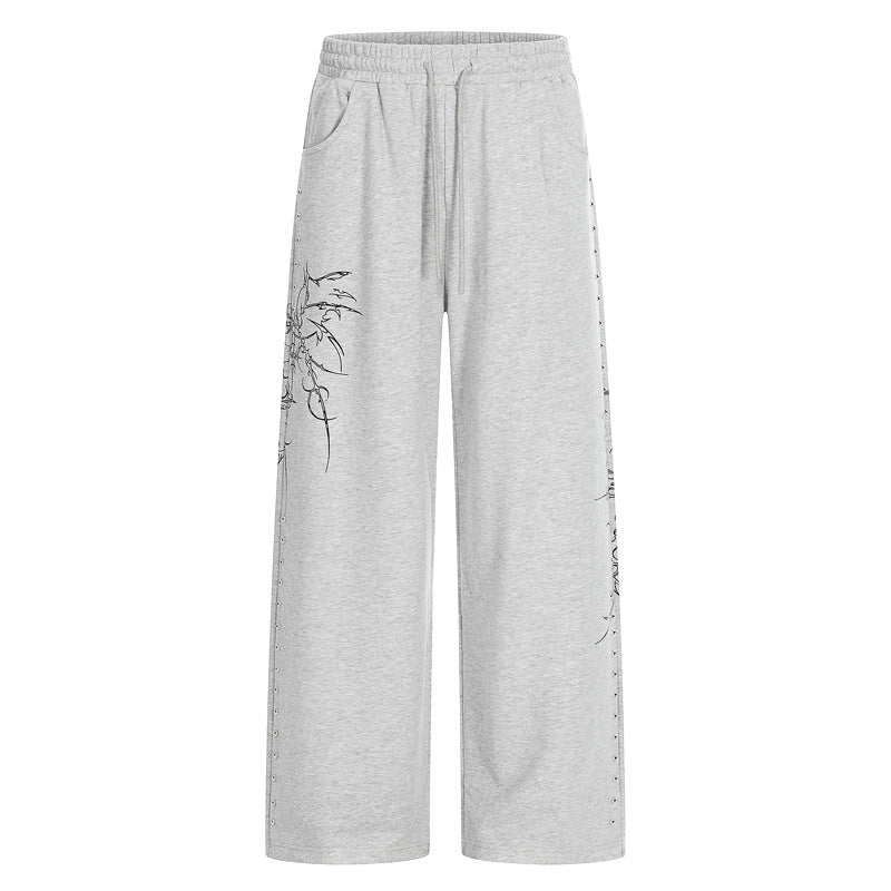 High-Street American-Style Design Womens Straight Joggers With Thorn Print