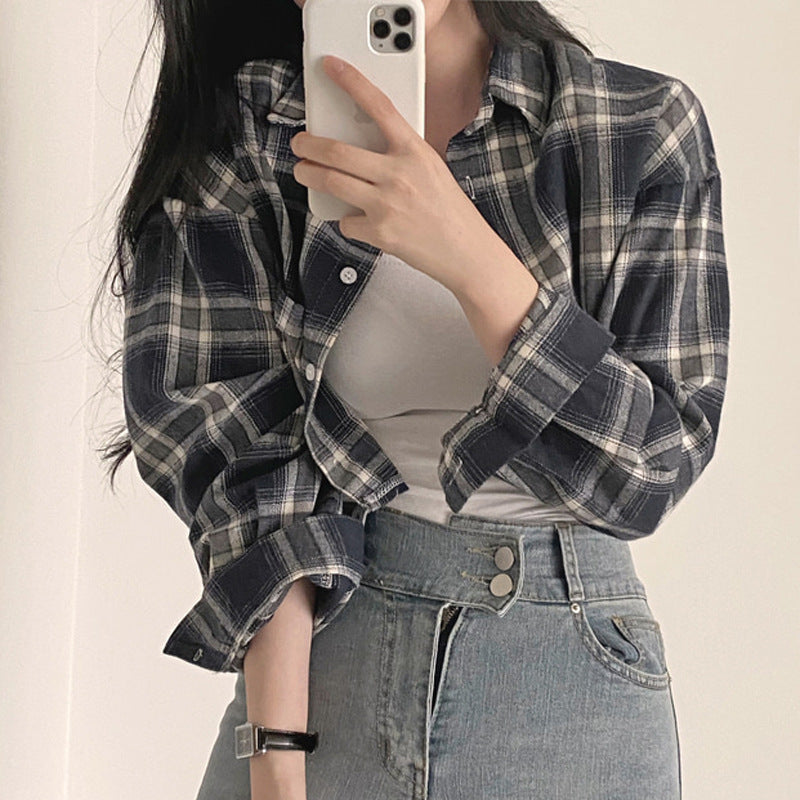 Retro Plaid Lapel Long Sleeve Short Shirt For Women