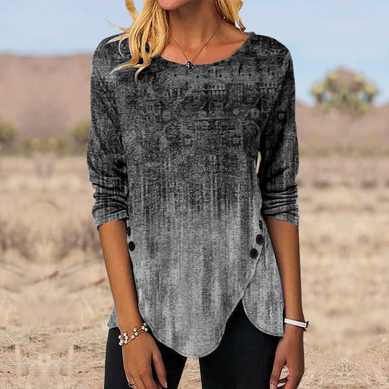 Digital Retro Printed Button Irregular Hem Round Neck Long Sleeve 3D