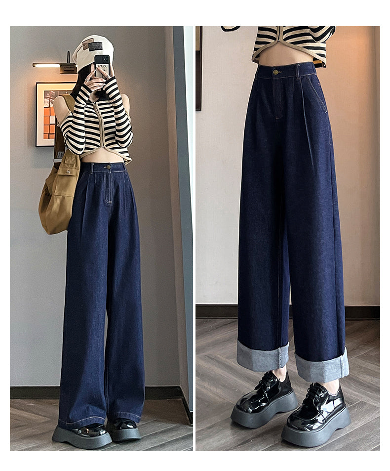 Dark Blue Jeans Women's Autumn Loose Large Size Wide Legs