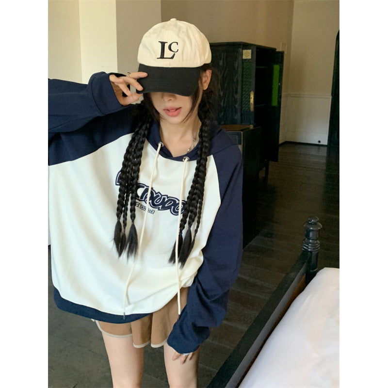 Women's Embroidered Letter Raglan Sleeve Hooded Sweater