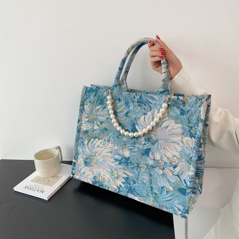 French Niche Pearl Jacquard Monet Garden Oil Painting Tote Bag