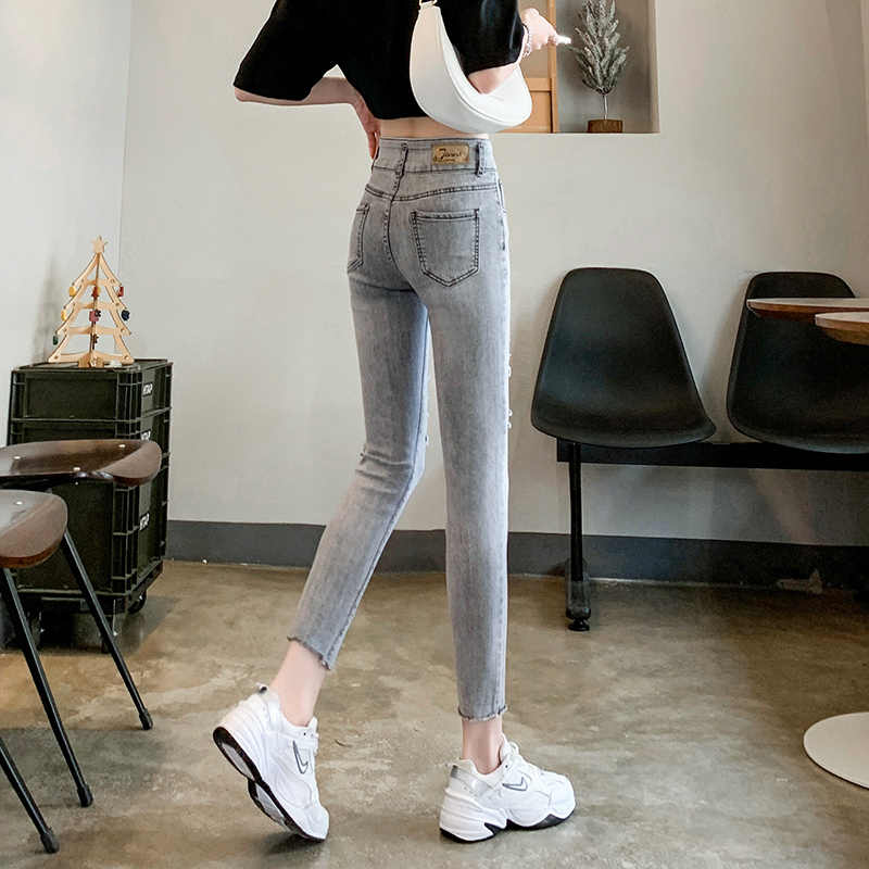 Women's Thin High Waist Ripped Light Gray Jeans