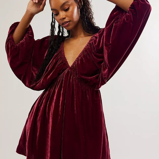 Women's Comfort And Casual Gold Velvet V-neck Dress