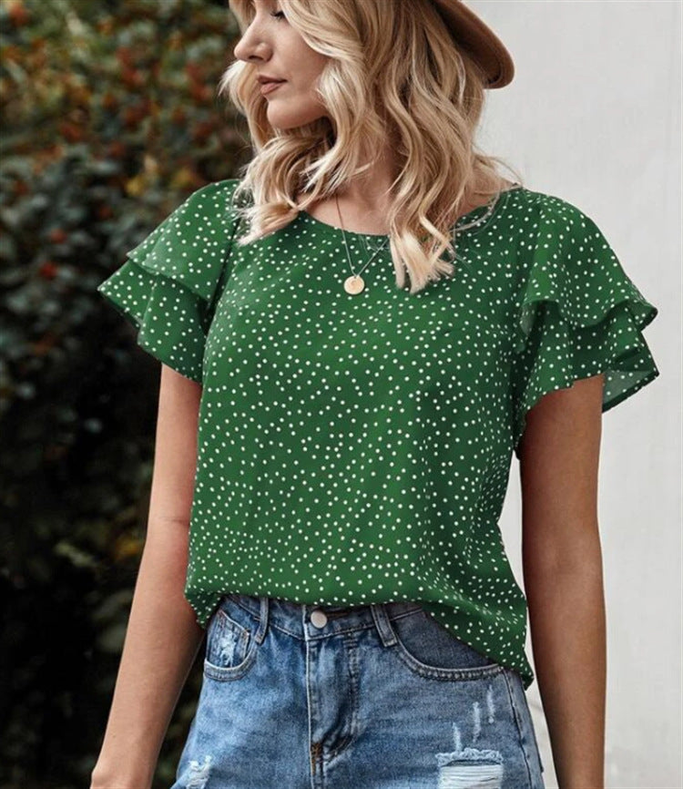 Printed Dot Red Lotus Leaf Versatile T-Shirt
