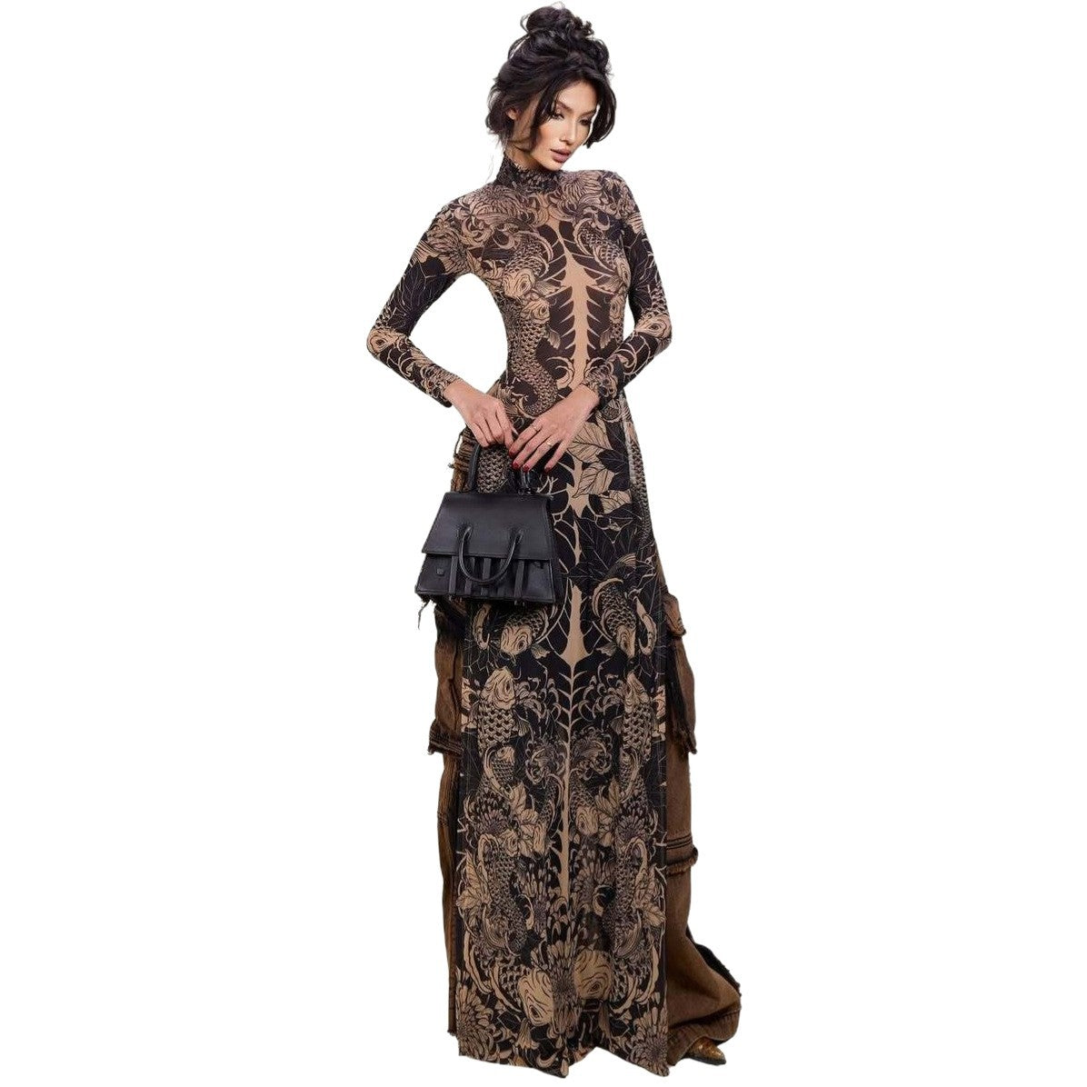 Womens Slim-fit Long Dress With A High Neck And Long Sleeves