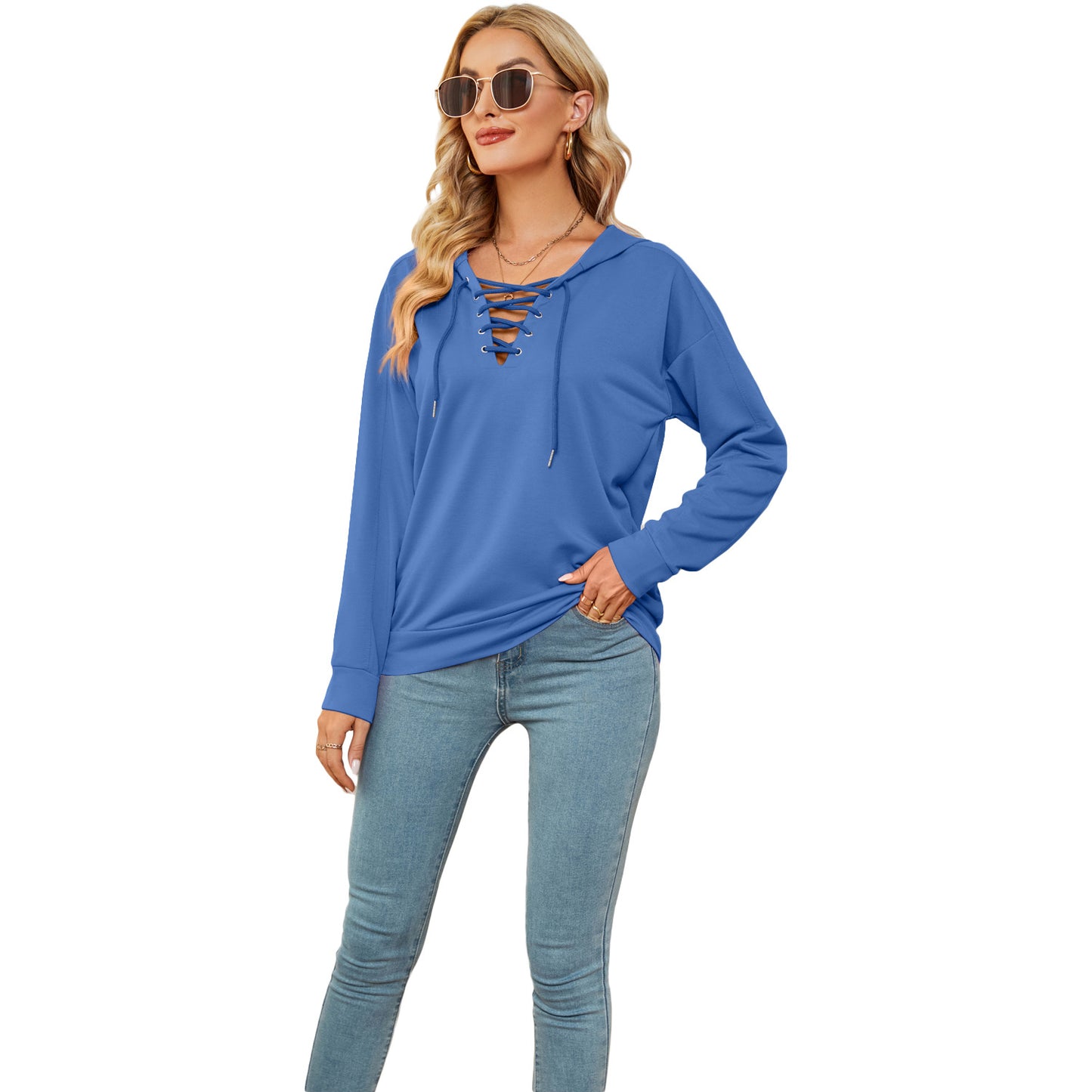 European And American Women's Solid Color Hooded Sweater With Collar Straps