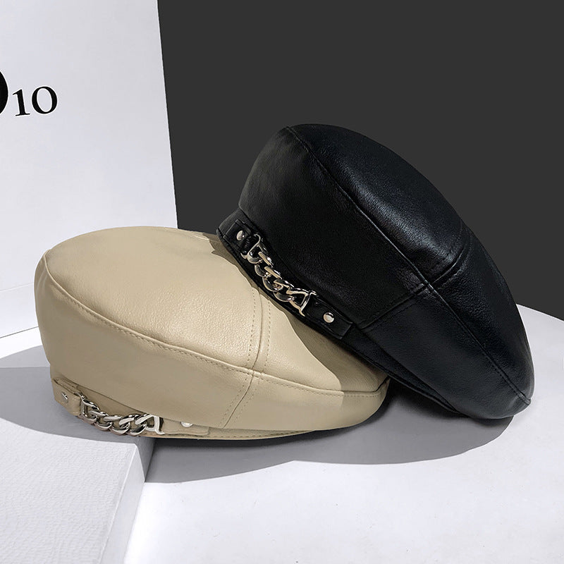 Women's British Vintage Chain Leather Beret Hat
