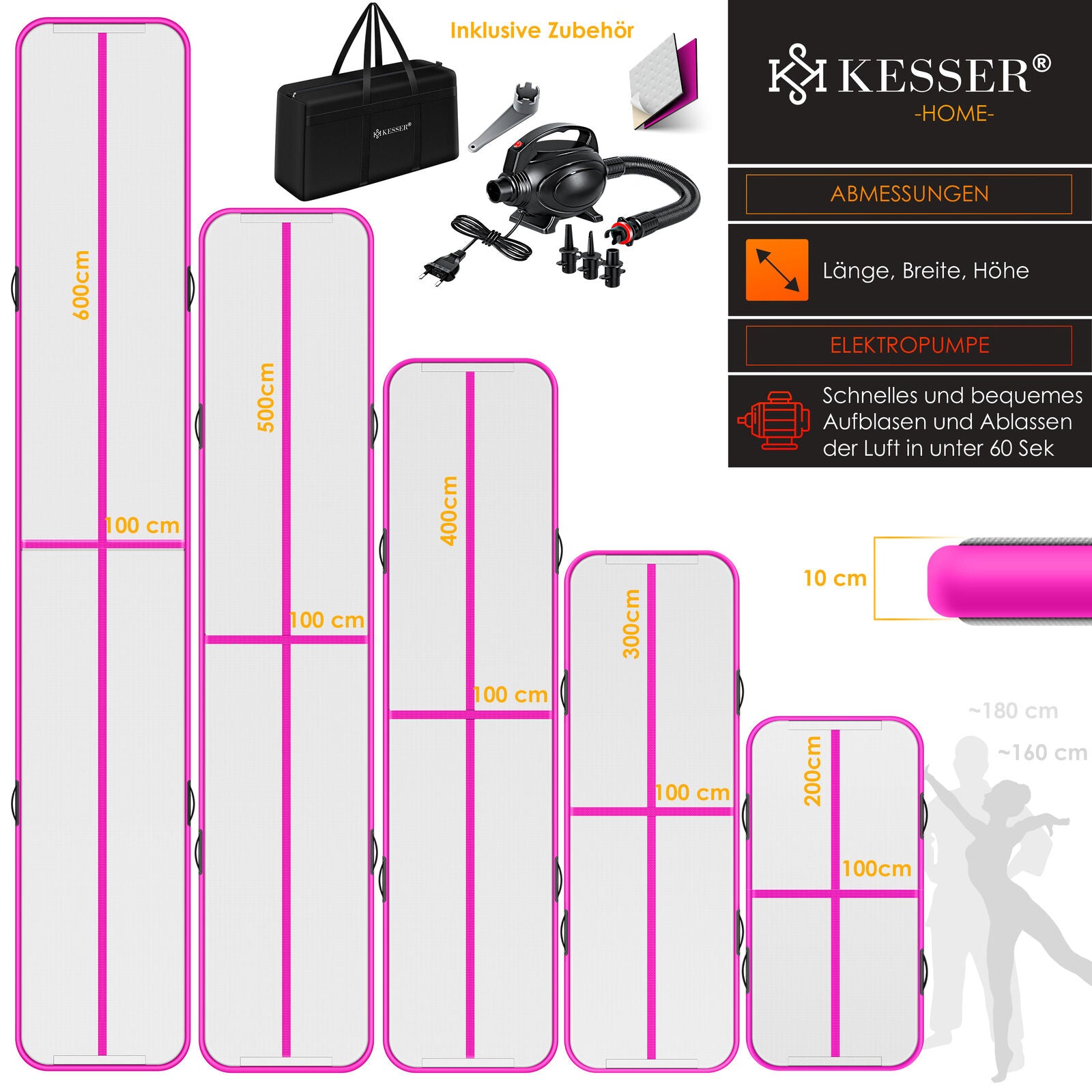 KESSER® Turnmatte Aufblasbar Air Track Matte Tumbling Gymnastikmatte Mit Pumpe