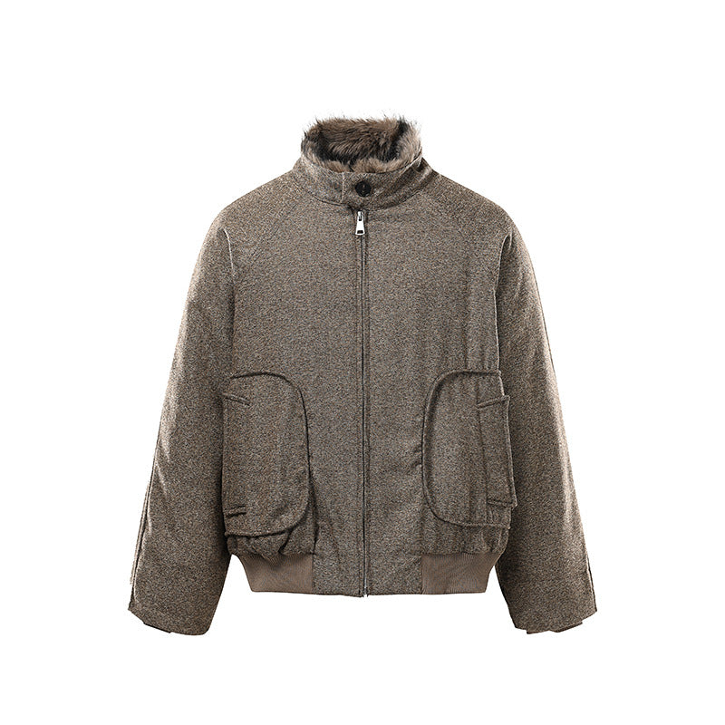 Street Multi-pocket Fleece Padded Short Stand-up Collar Cotton-padded Coat