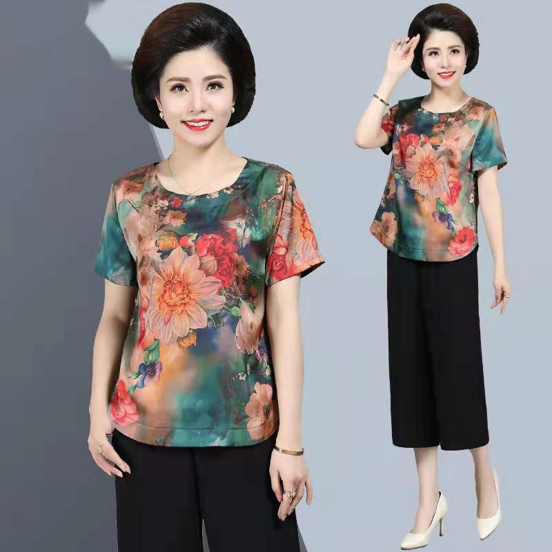 Western Style Suit Ice Silk Top Middle-aged And Elderly Women's Printed Short Sleeve