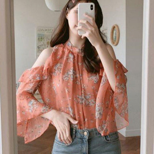 Niche Off-the-shoulder Floral Chiffon Shirt Women's Early Spring Temperament Shirt Bell Sleeve Summer Thin Top