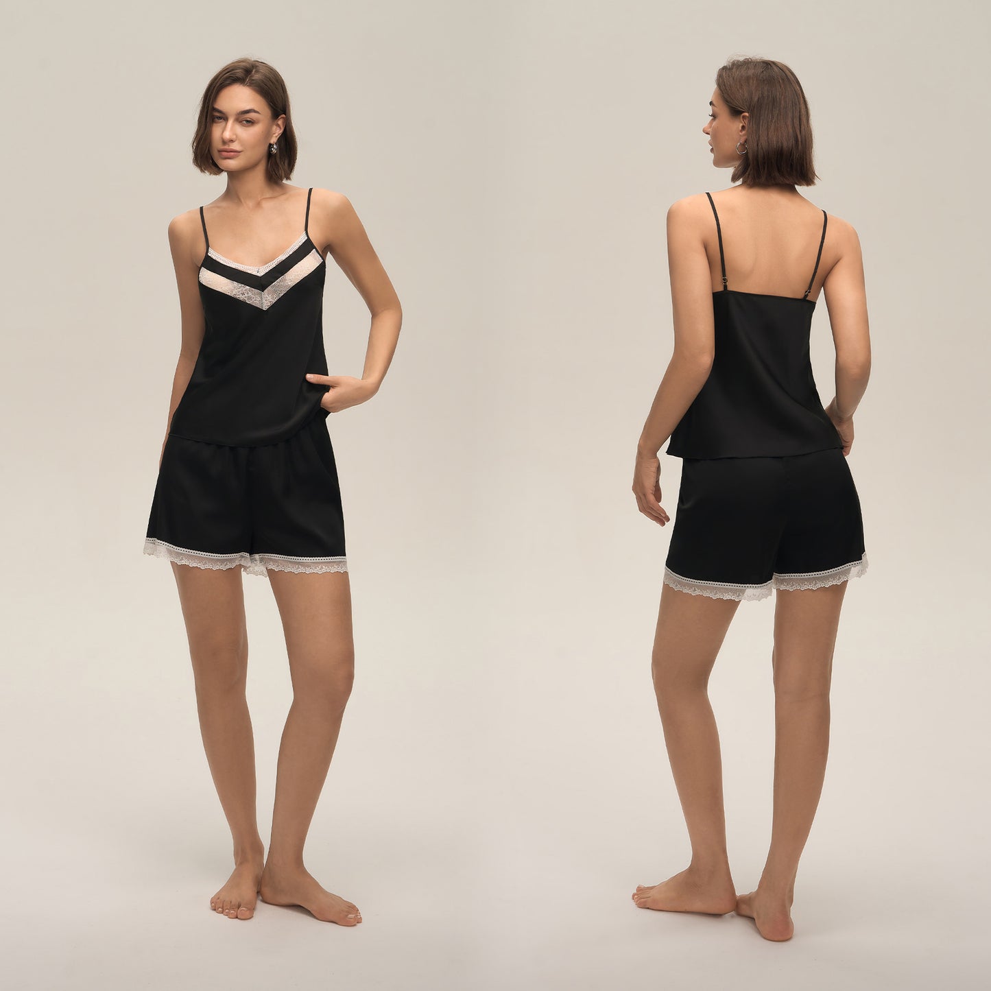 Lace-trimmed Suspender Shorts Set Womens Cozy Casual Loungewear For At-home Comfort
