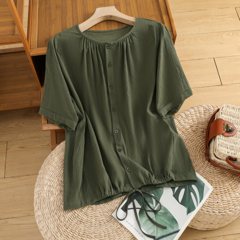Womens Retro Drawstring Swing Sand-Washed Linen Top With A Crew Neck