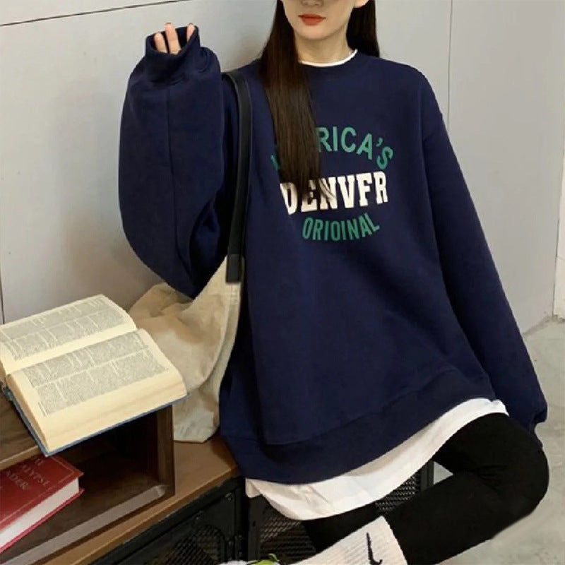 Versatile Fake Two-piece Round Neck Top Inner Sweater