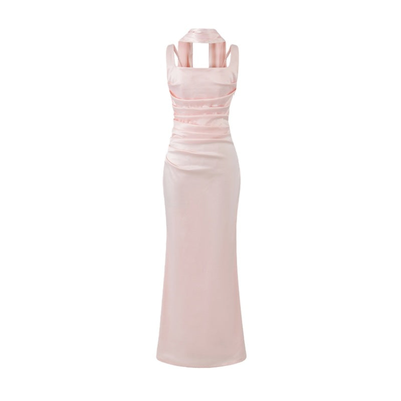 Square Neckline Collarbone-baring Strapless Figure-hugging Pleated Waist-cinching Sheath Skirt