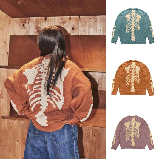 Round Neck Loose Bone Skeleton Knit Casual Sweater