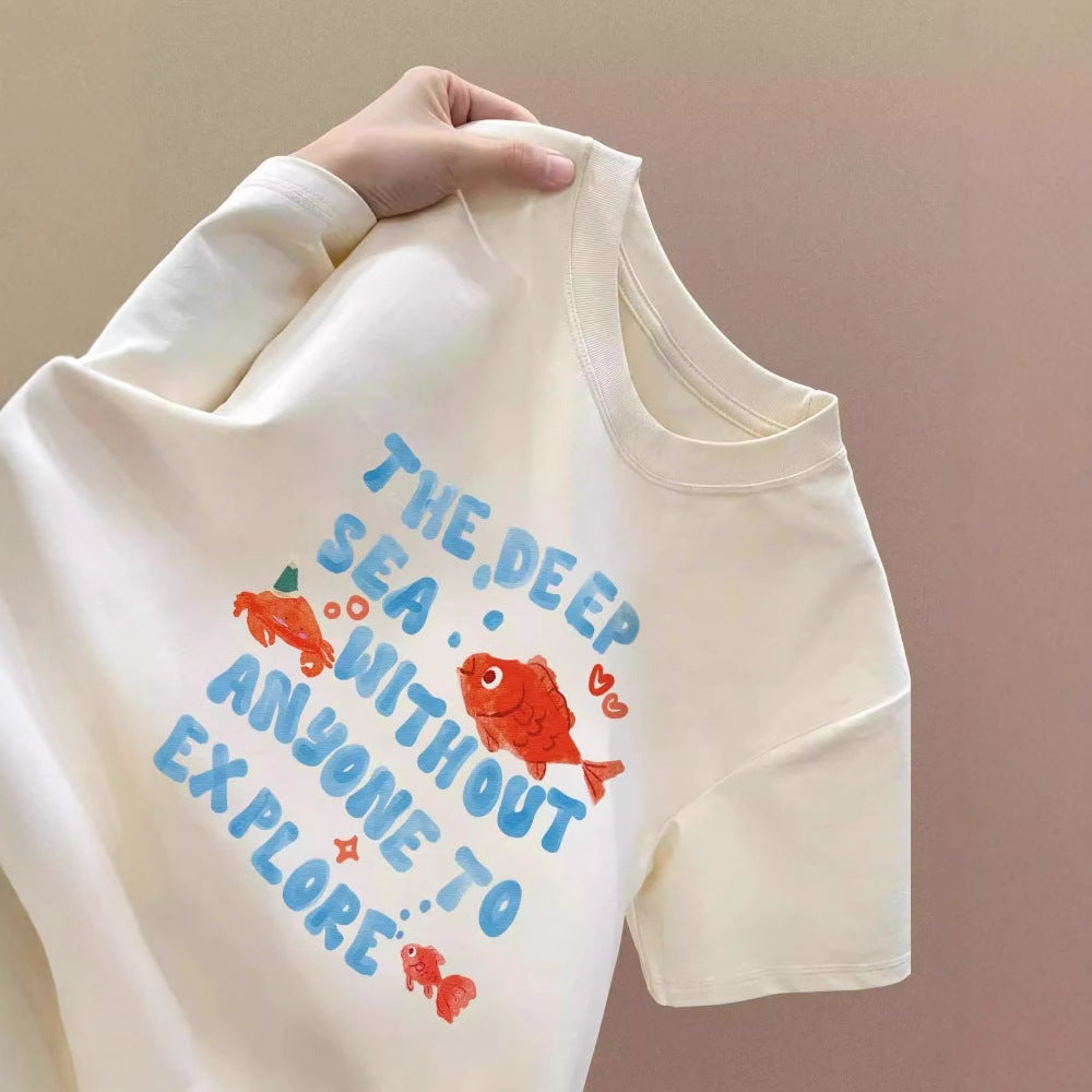 Cute Goldfish Printed Short Sleeve White Cotton T-shirt