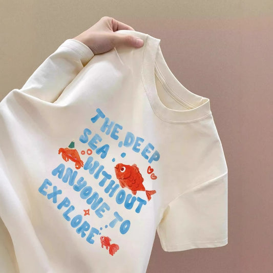 Cute Goldfish Printed Short Sleeve White Cotton T-shirt