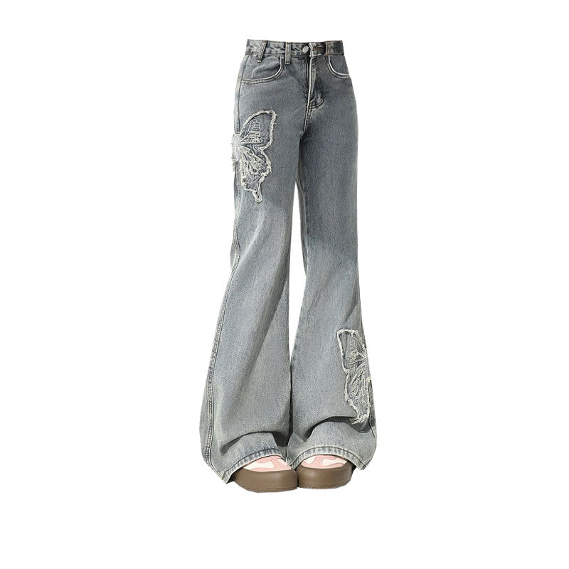 Vintage sommerfugl klistret stofbroderi jeans lige ben vidde bukser