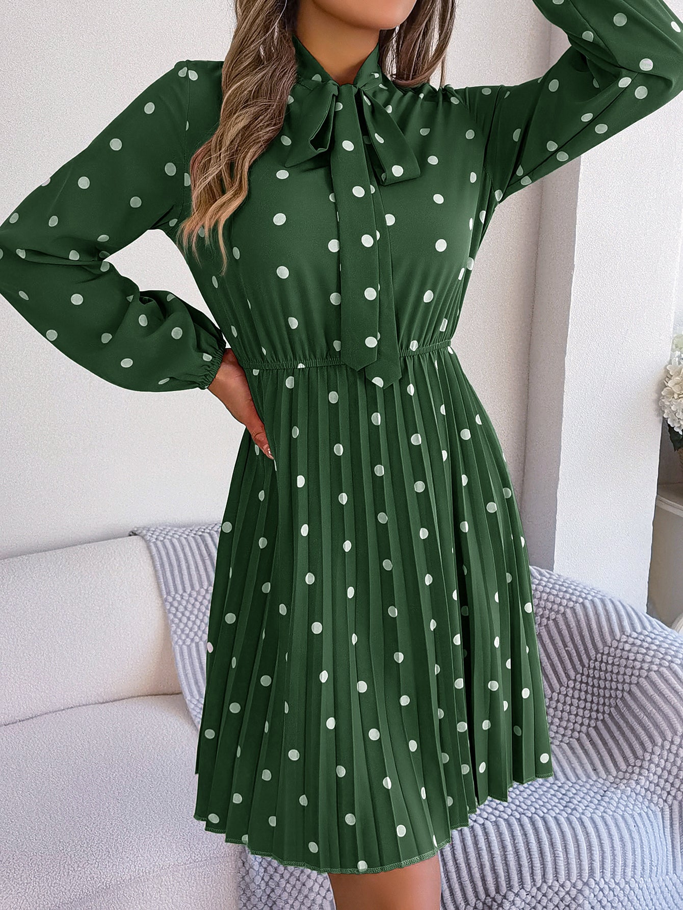 Women's Polka Dot Tie-Waist Long Sleeve Pleated Maxi Dress