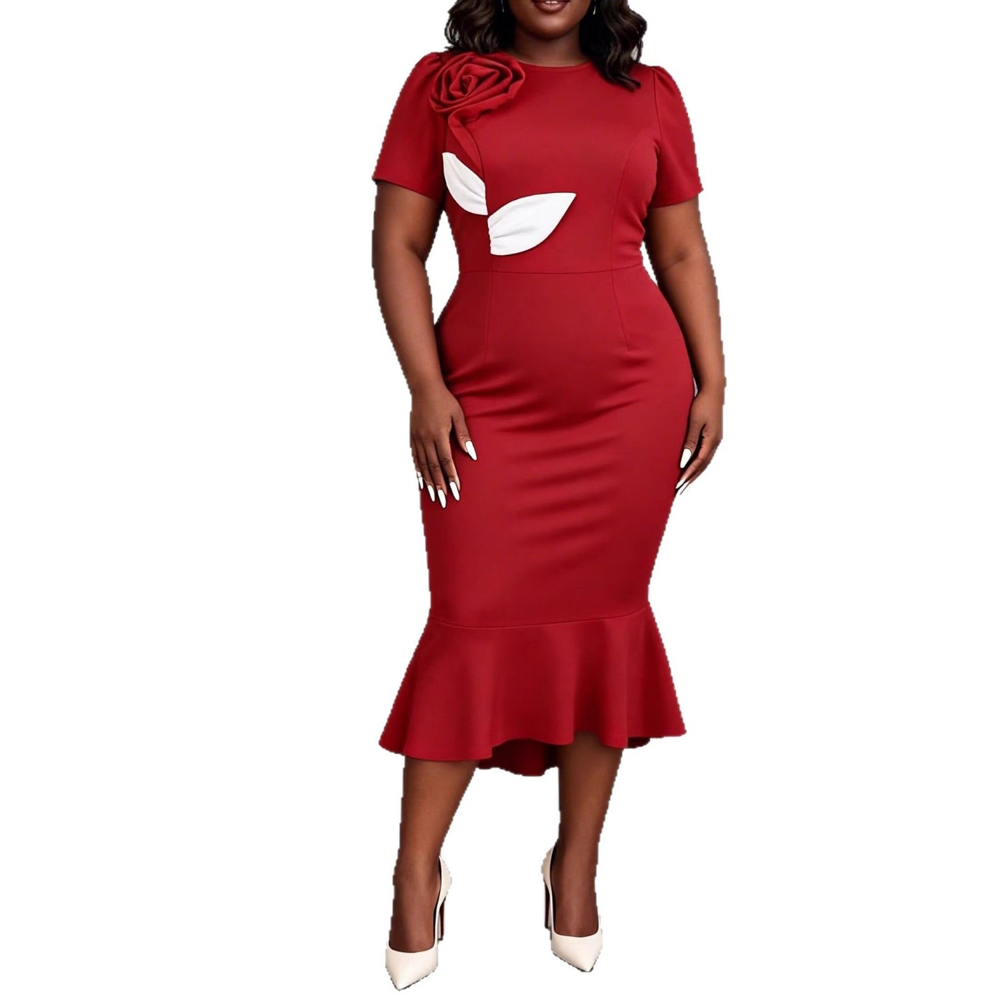 Red 3D Floral Short-Sleeve Dress For Women