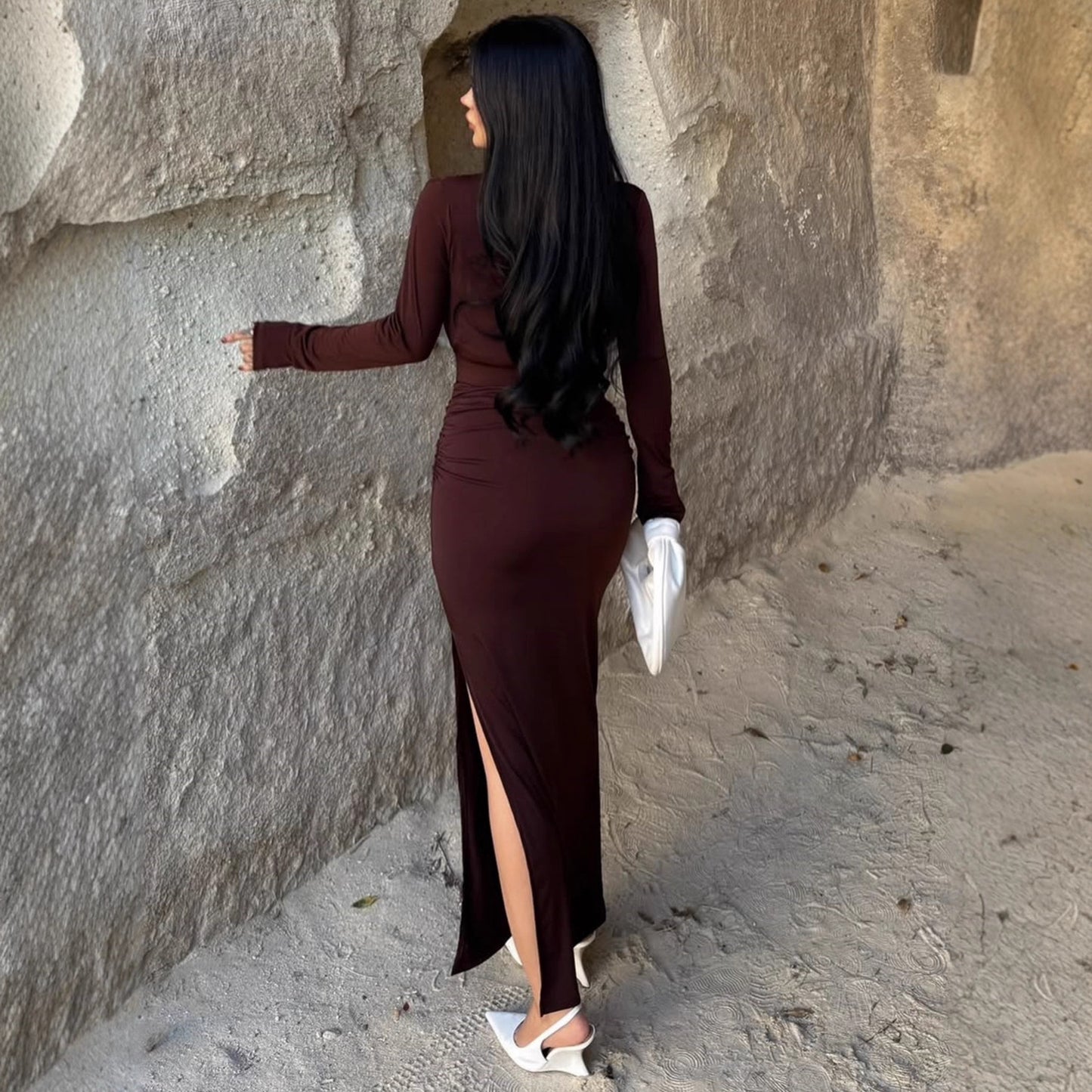 Elegant Embellished Belt Deep-V Long-sleeve Autumn Dress