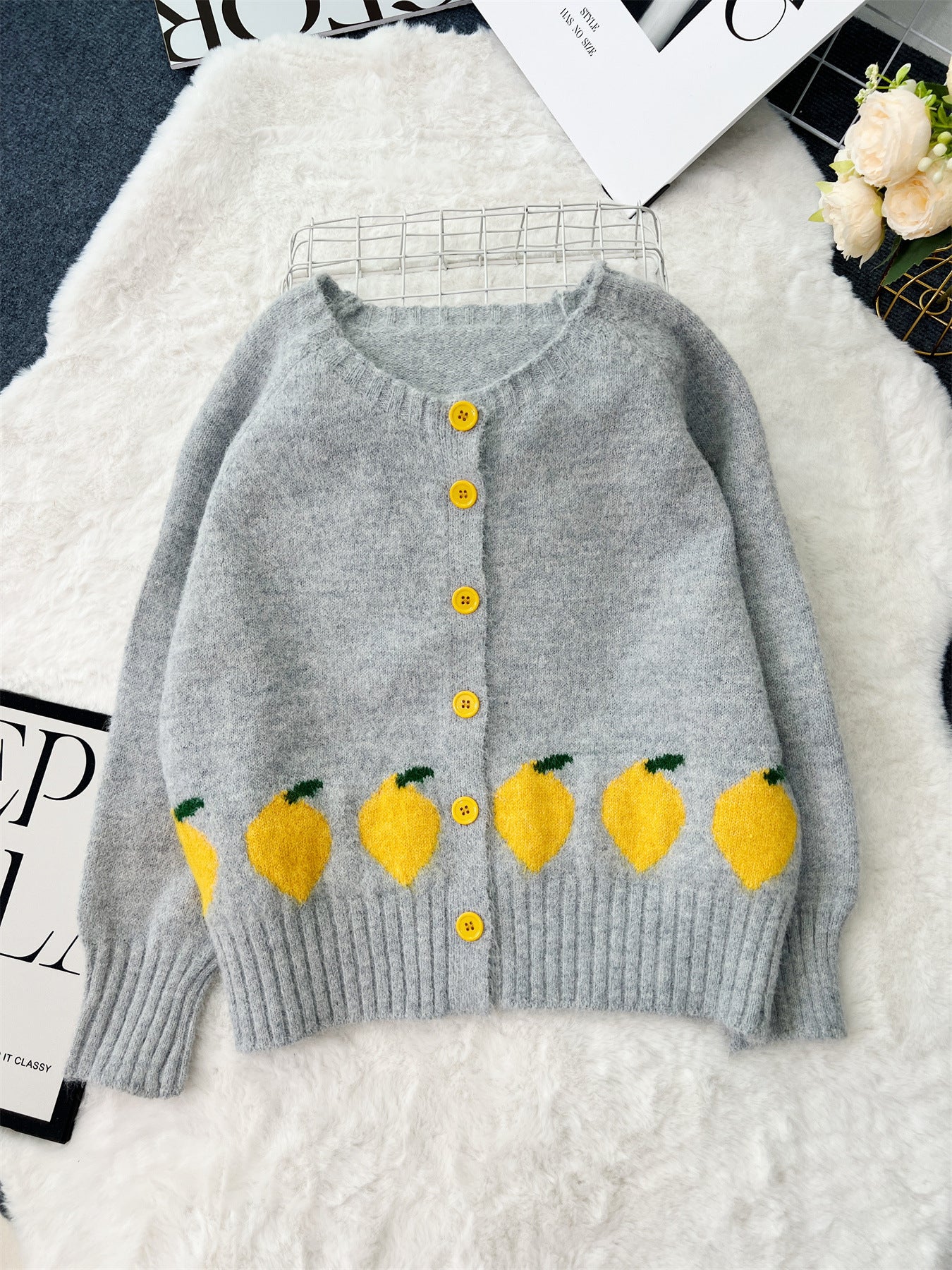 Lemon Jacquard Contrast Color Button Casual Loose Round Neck Sweater