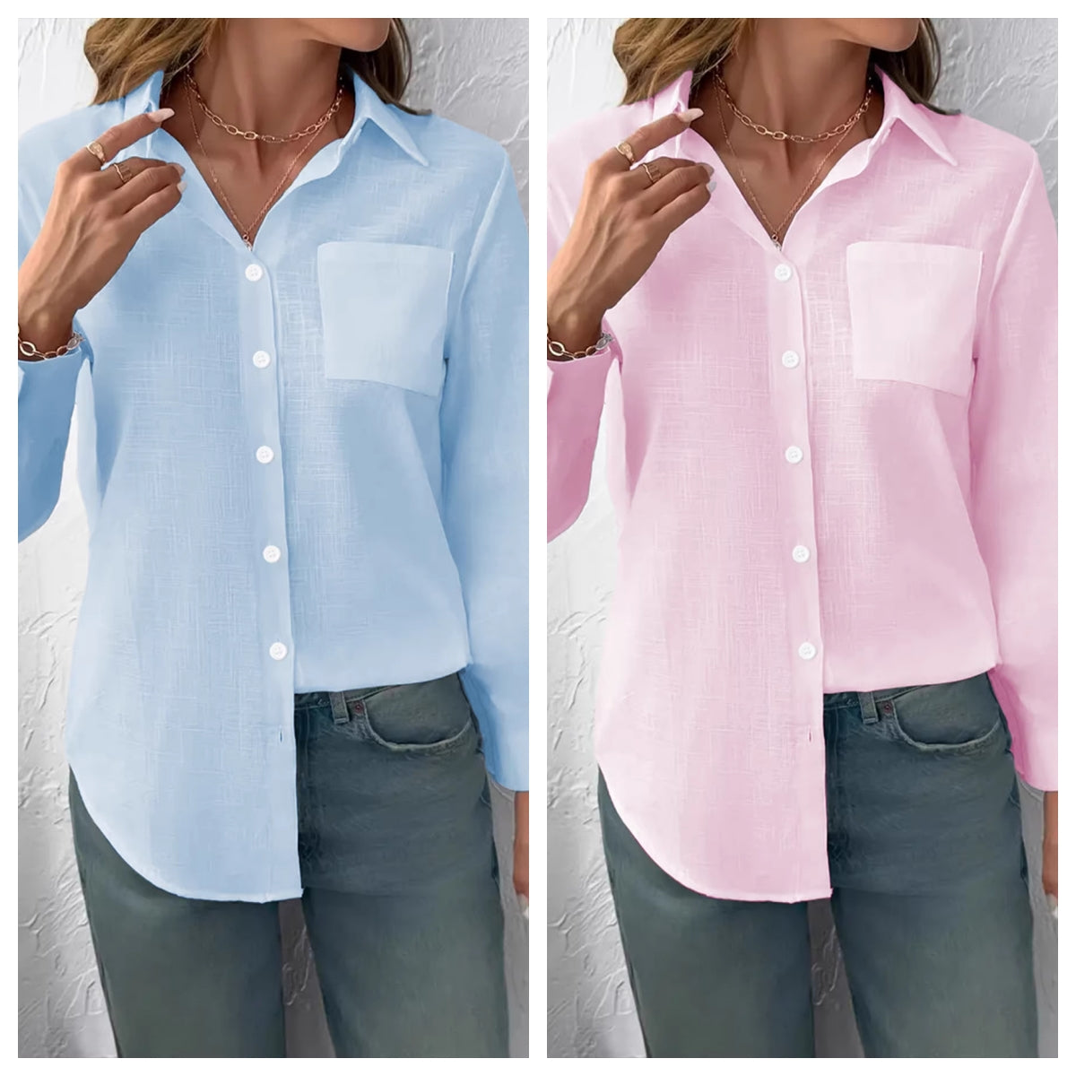 Lapel-collar Casual Pleated Loose-fitting Long-sleeve Womens Blouse