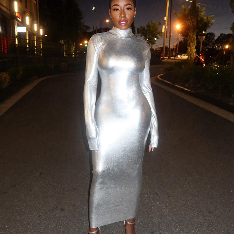 Turtleneck Long-sleeve Waist-cinching Sheath Dress