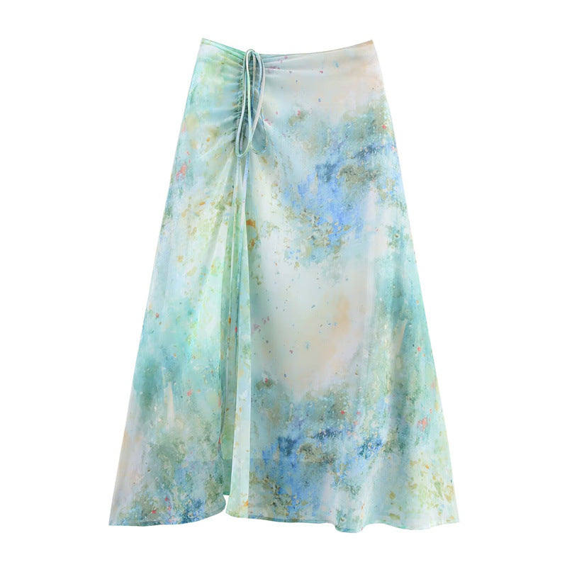 Summer New Blooming Printed Pull-Belt Chiffon Irregular Skirt