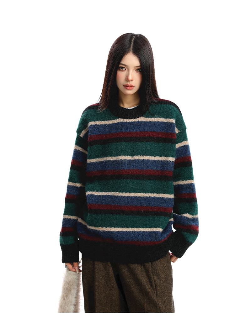 Women's American-style Contrast Striped Round Neck Sweater Autumn