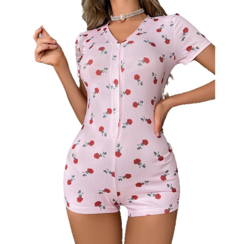 New European And American-style Slimming One-piece Jumpsuit With A Rose Pattern