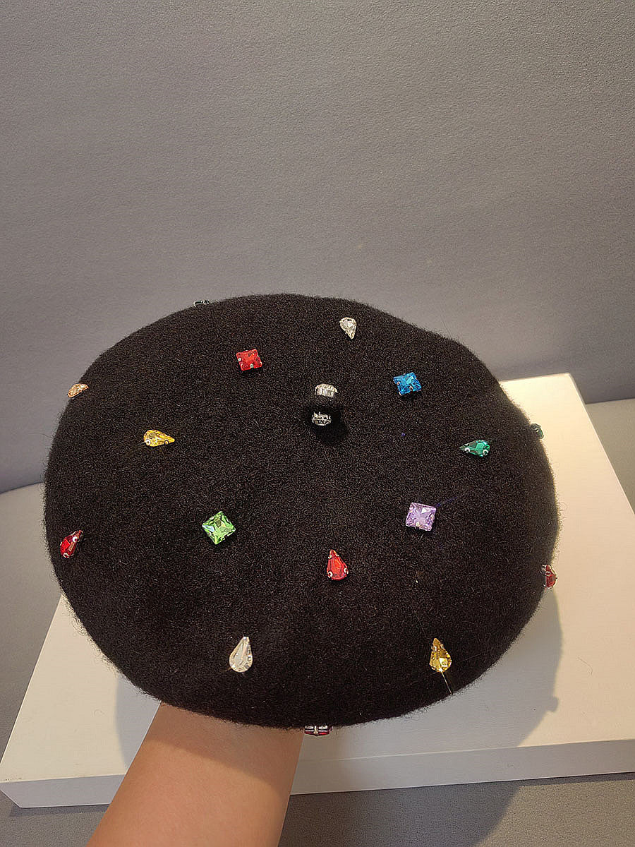 Diamond Beret Versatile Black Painter Hat Casual Warm Hat