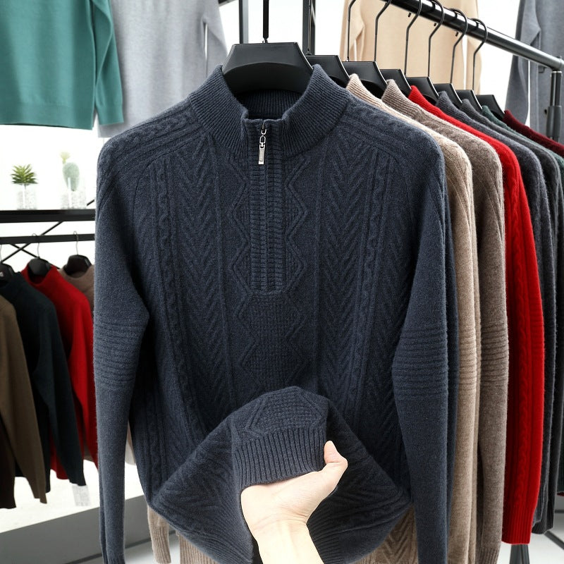 Wool  Men's Sweater Half Turtleneck Zipper Sweater