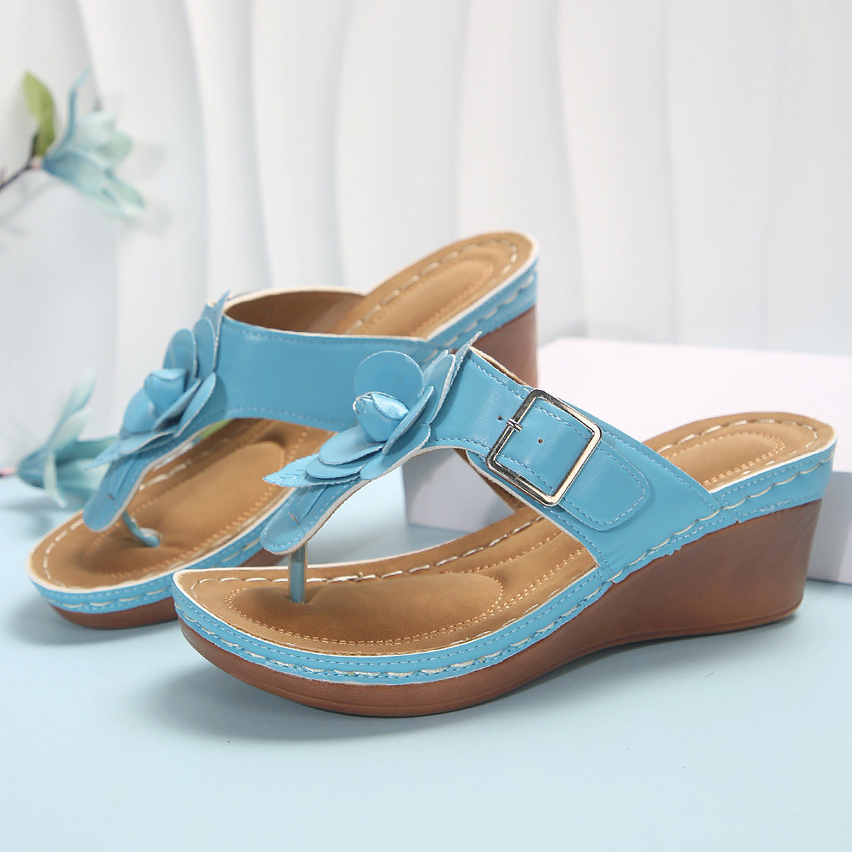 New Flower Belt Buckle Casual Solid Color Retro Herringbone Slippers