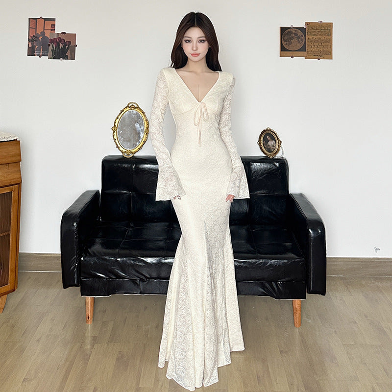 French-style Ethereal Jacquard Lace V-Neck Dress With Ties