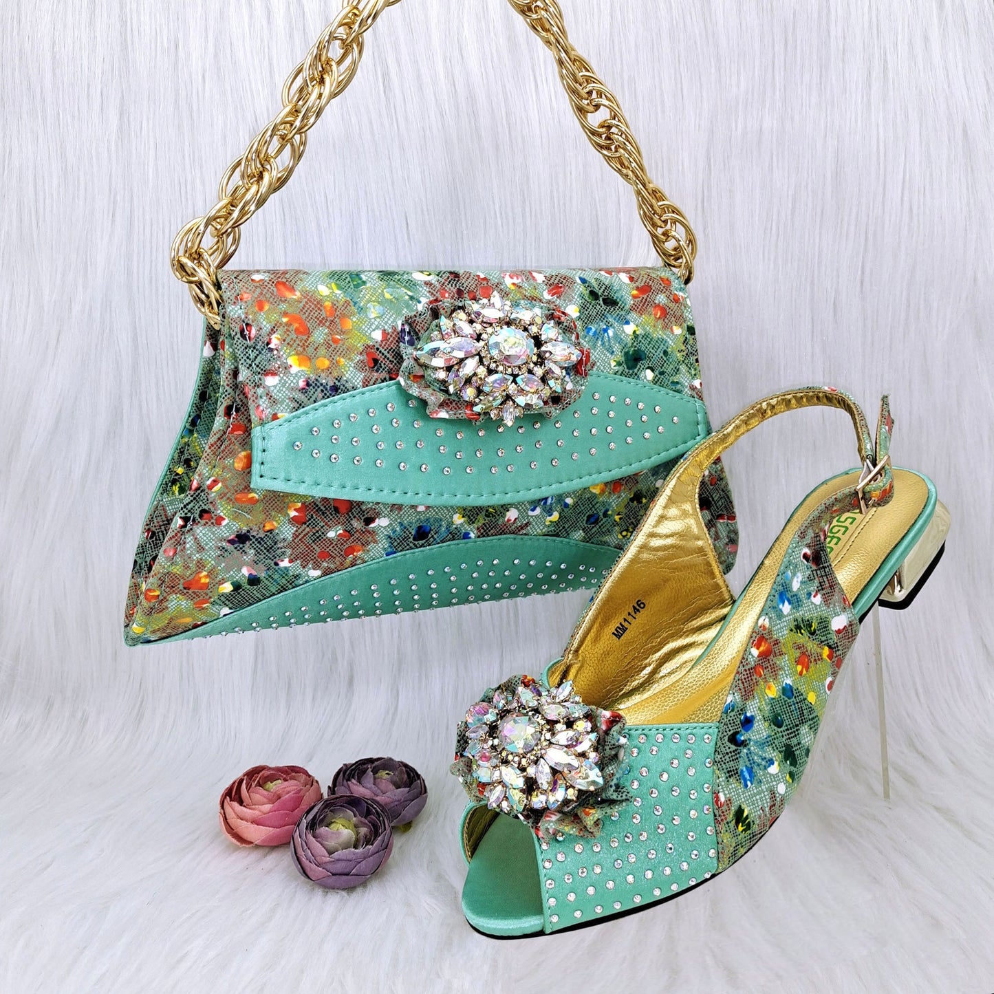 Mixed Color Flower Rhinestone Accessories Shoe Bag Low Heel Suit