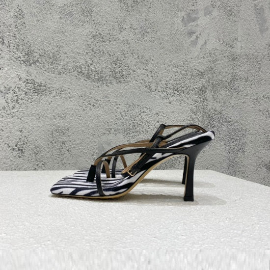 Square-toe High-heel Sandals In Woven Mesh And Leather