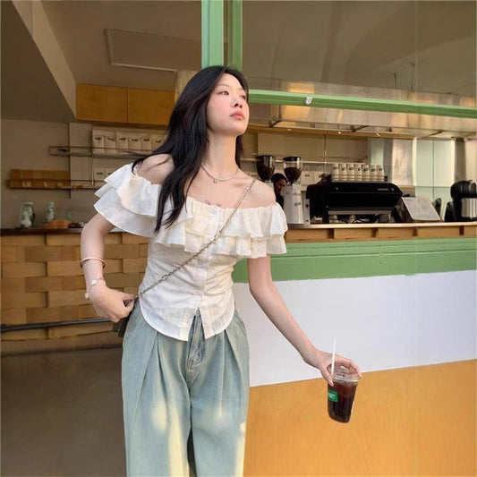 Women's One-shoulder Ruffled Short-sleeve Top