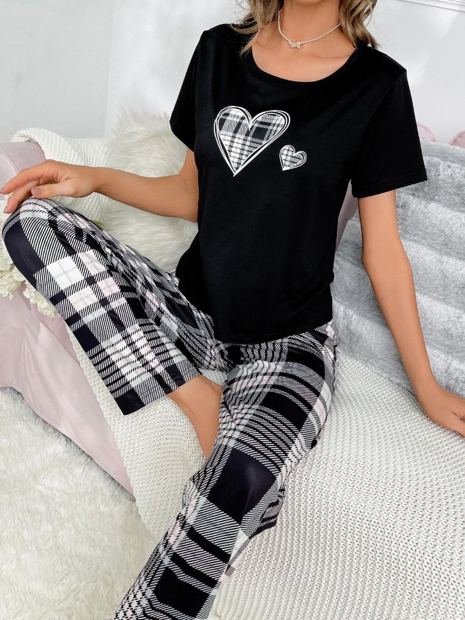 Home Round Neck Printed Short Sleeve T-shirt Top And Trousers Suit
