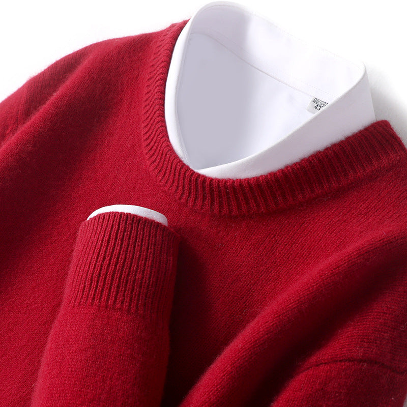 Mænds tykke pullover fåreuldssweater løs rundhals ensfarvet sweater