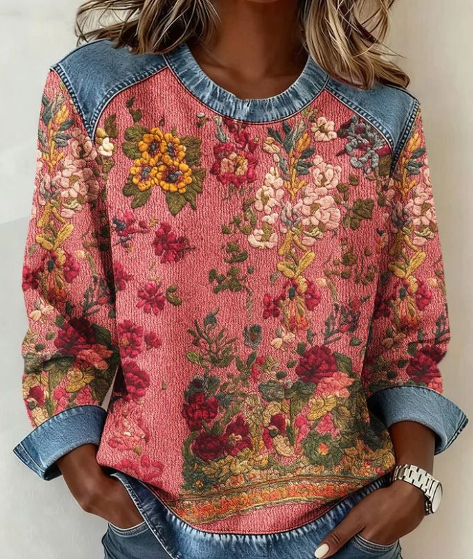 Womens Retro Crew-Neck Long-Sleeve Sweatshirt Top