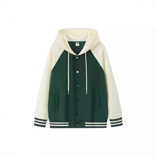 Trendy Cozy Cotton Color-blocked Loose-fitting Hooded Baseball Jacket For Fall And Winter