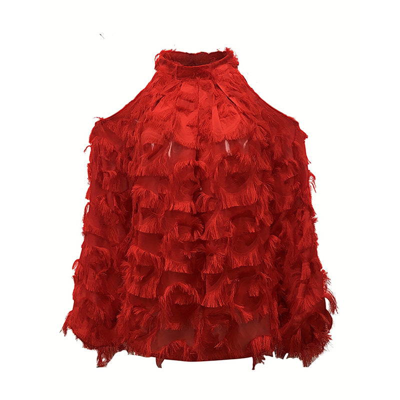 Fransk-inspireret langærmet off-shoulder bluse med frynser til hverdagsbrug