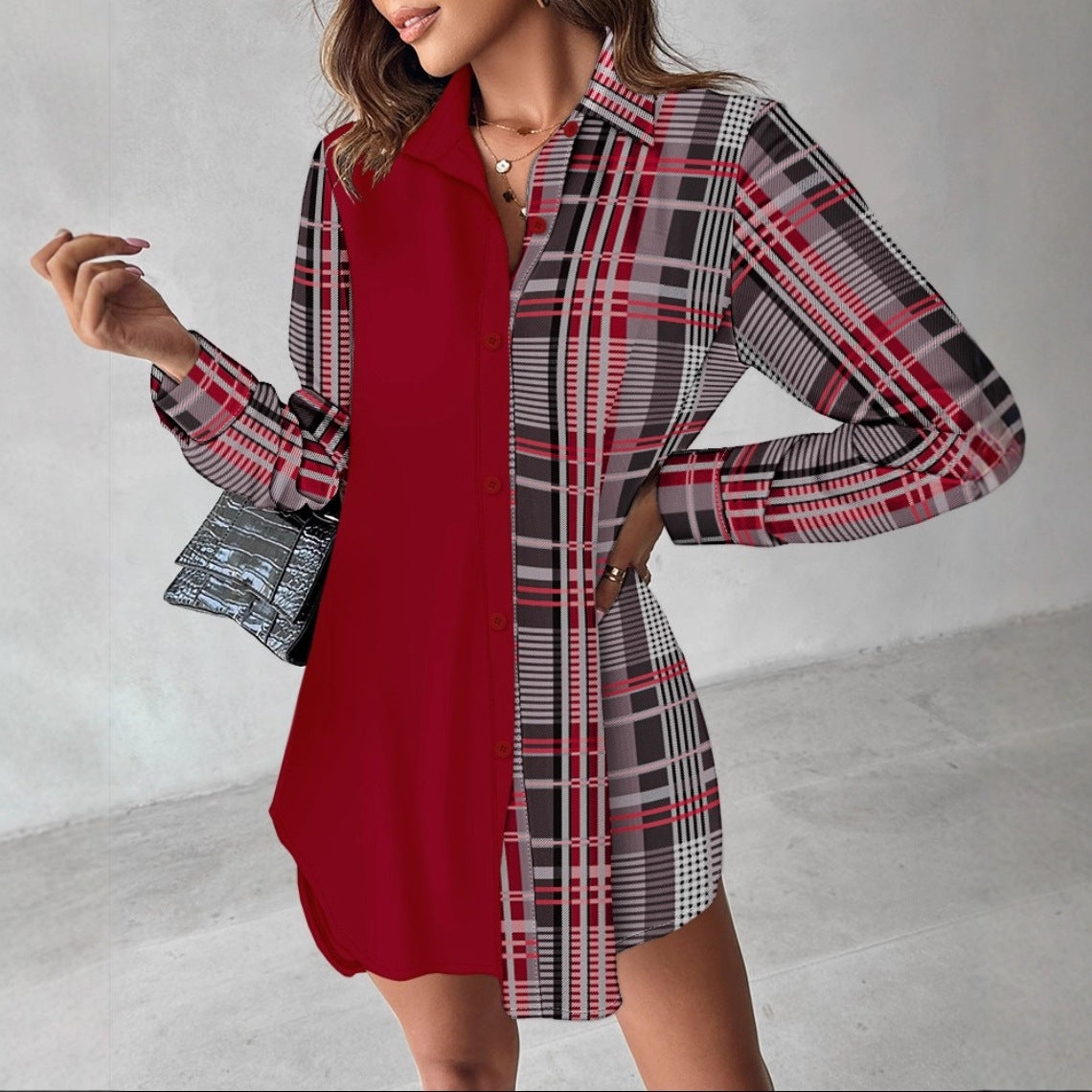Long Sleeve Printed Patchwork Button Dress Shirt For Women